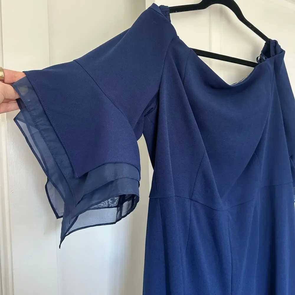 NWT! Adrianna Papell (18W) Navy Off-The-Shoulder Jumpsuit Organza Sleeve MOTB - Picture 6 of 10